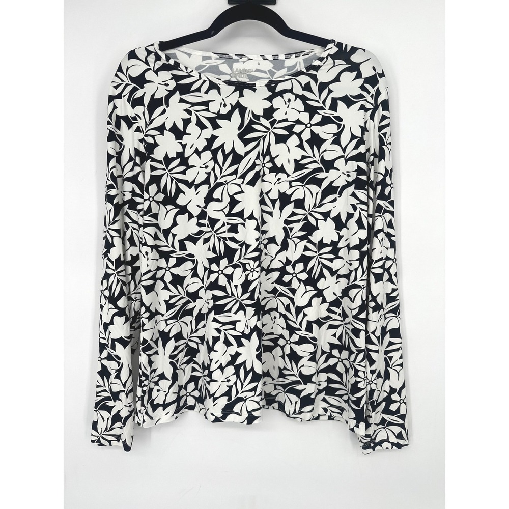 Lands End Rash Guard Women L Black White Floral Long Sleeve Swim Top Sun Shirt